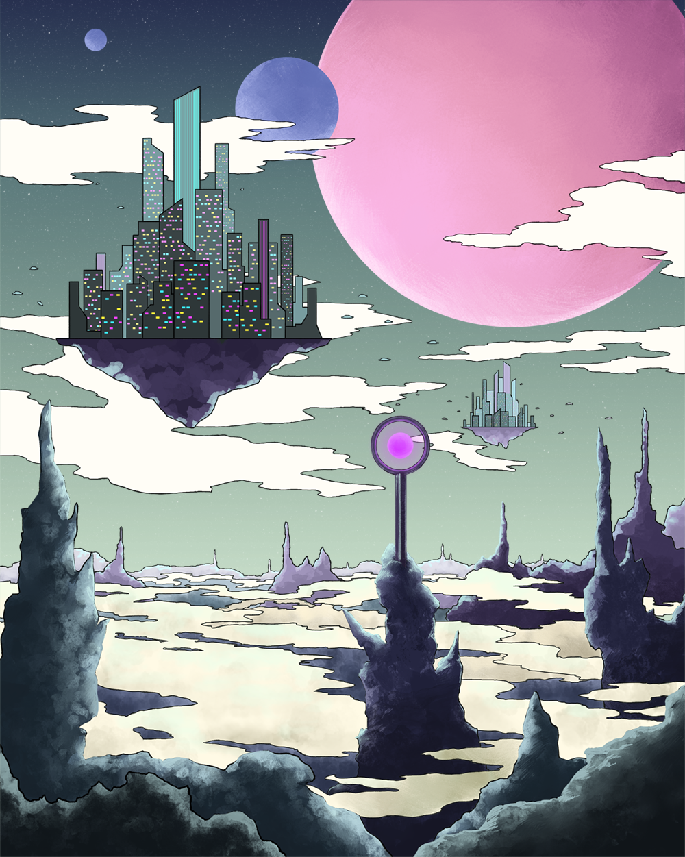 An illustration of an alien planet with floating inhabitated metropolises.