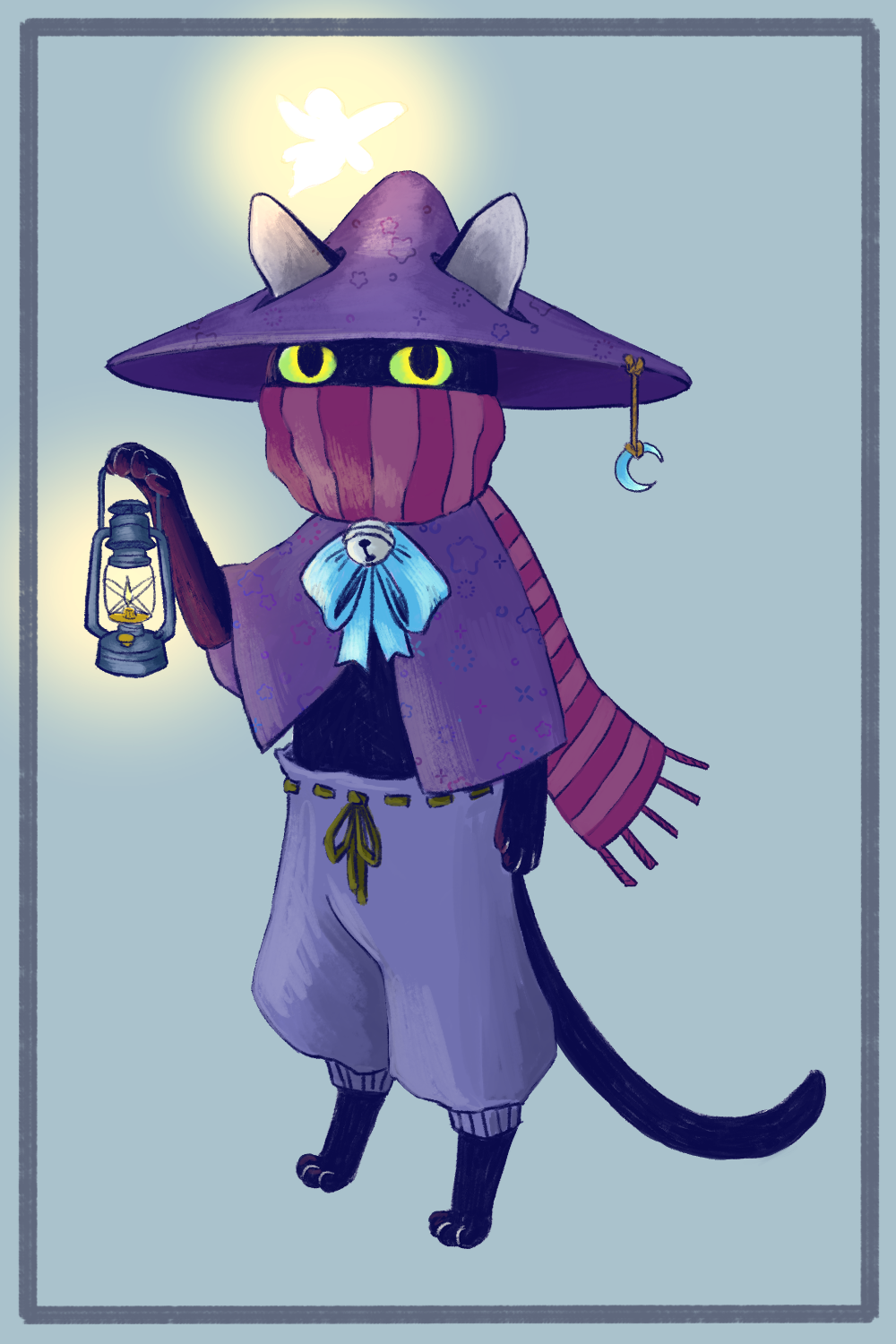 Illustration of a humanoid-like black cat character wearing a big wizard-like hat and a cape, holding a lantern with a small firefly friend flying above them.