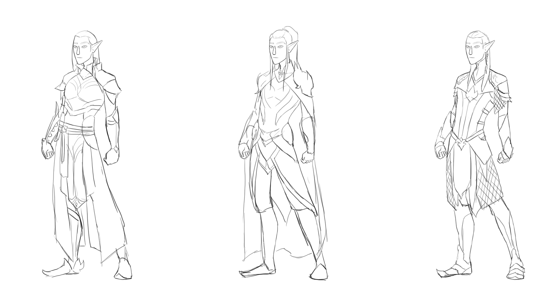 Three character design sketches for an elven warrior in a cartoony style, all featuring a different version of him wearing an elven armor.