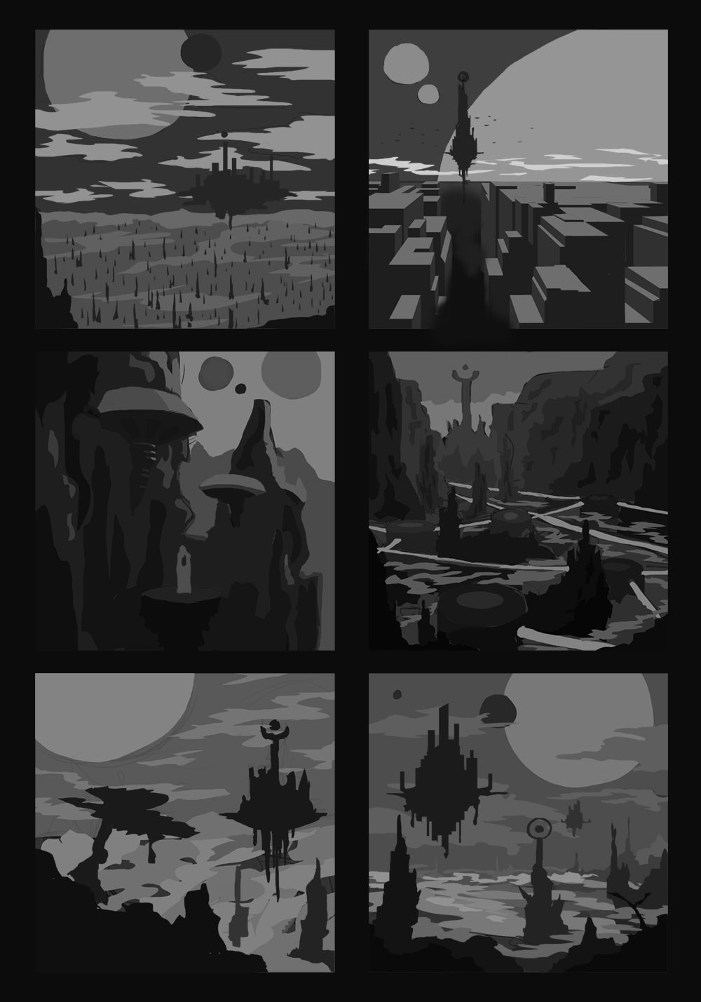 Six greyscale sketches of environment concepts for an alien planet.