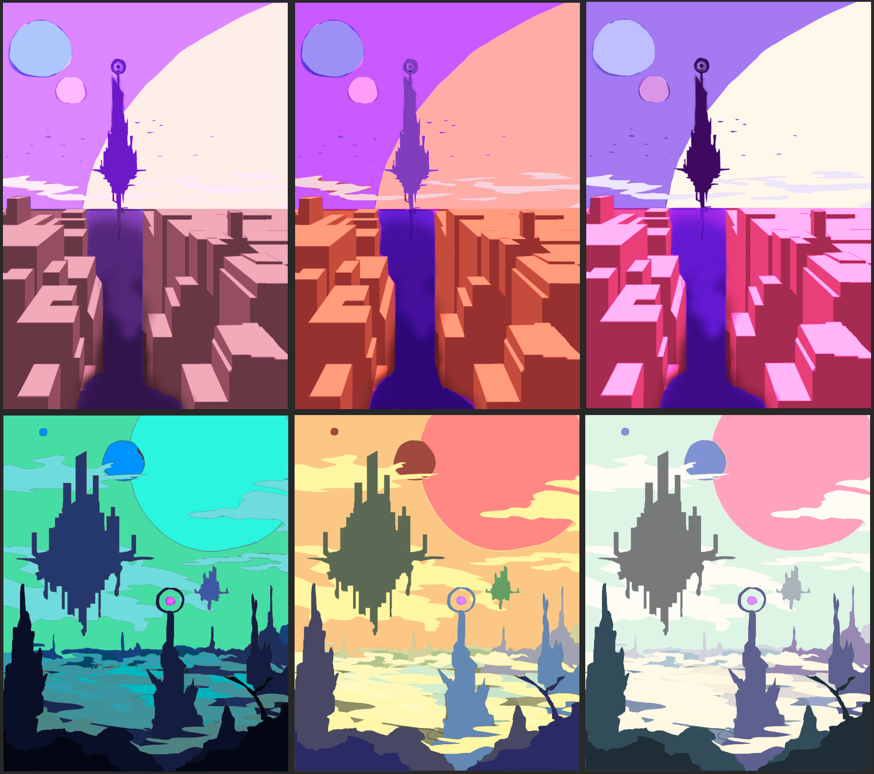 Six coloured versions of two alien planet concept art.